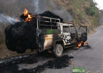 चलती पिकअप में लगी आग, फायर सर्विस ने कड़ी मशक्कत के बाद पाया काबू