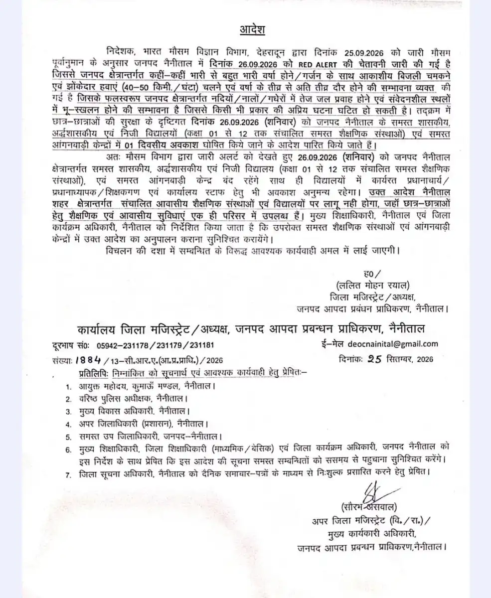 रेड अलर्ट का असर, 26 सितंबर को सभी स्कूल और आंगनबाड़ी केंद्र रहेंगे बंद