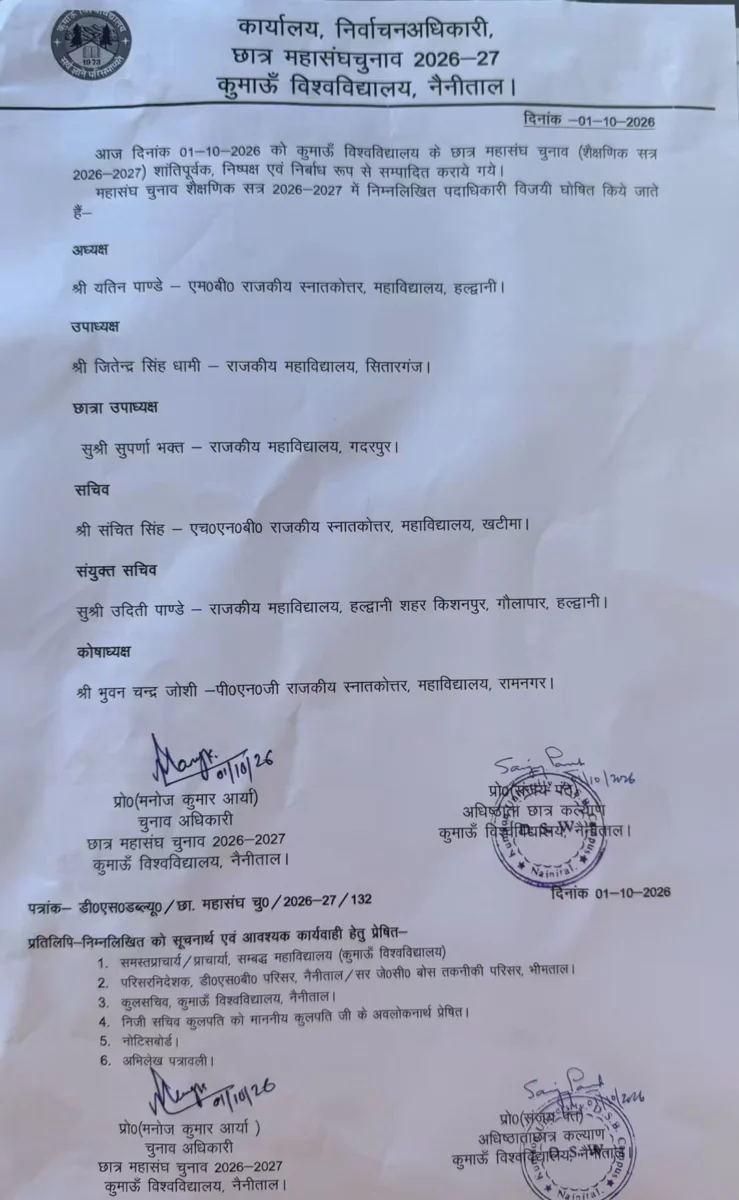 कुमाऊं विश्वविद्यालय छात्र महासंघ के अध्यक्ष बने यतिन पांडे